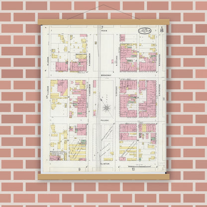 Old map wall art mockup — magnetic wood frame on brick wall — Sanborn Fire Insurance Map from Lincoln, Logan County, Illinois (1896), Sheet #0008