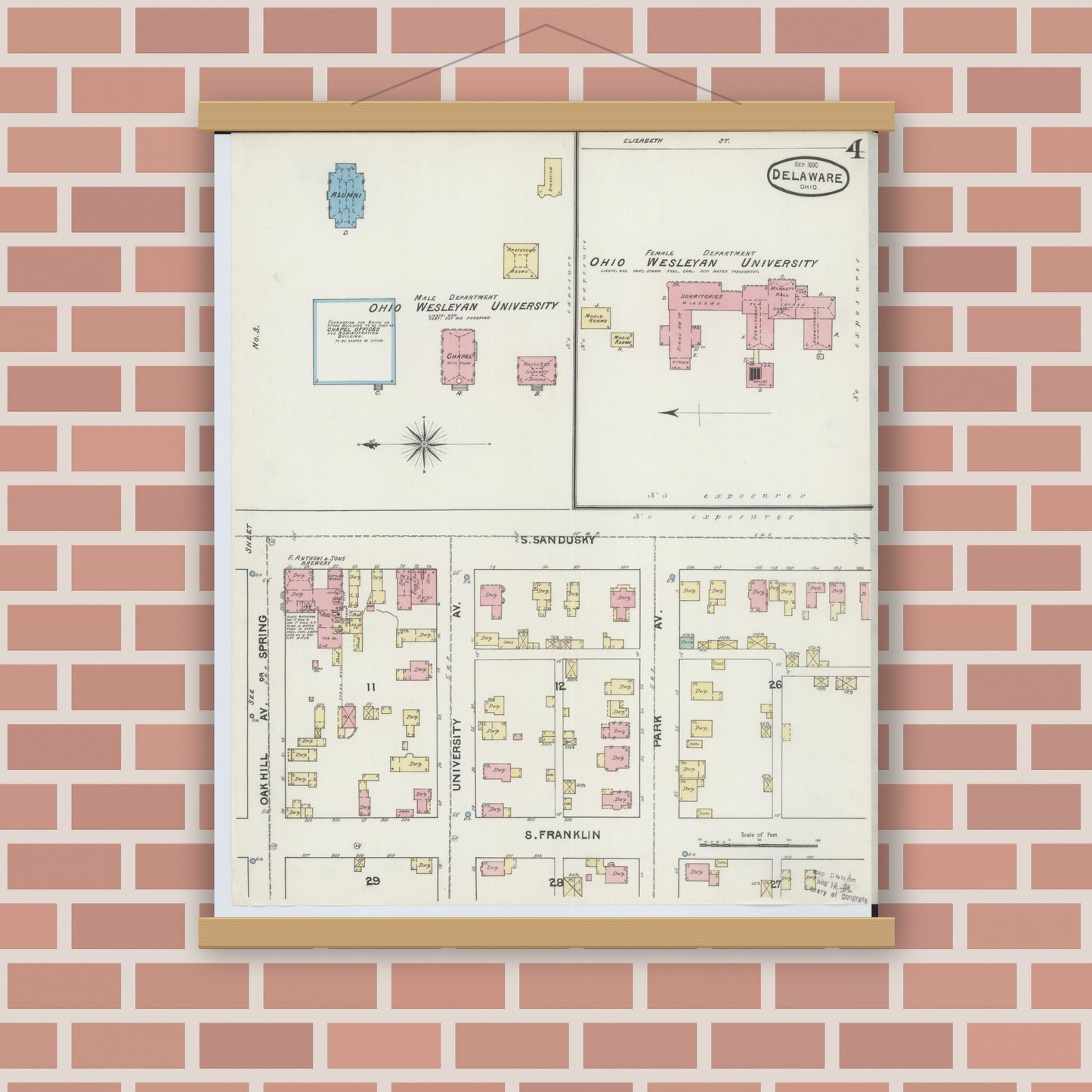 Old map wall art mockup — magnetic wood frame on brick wall — Sanborn Fire Insurance Map from Delaware, Delaware County, Ohio (1890), Sheet #0004