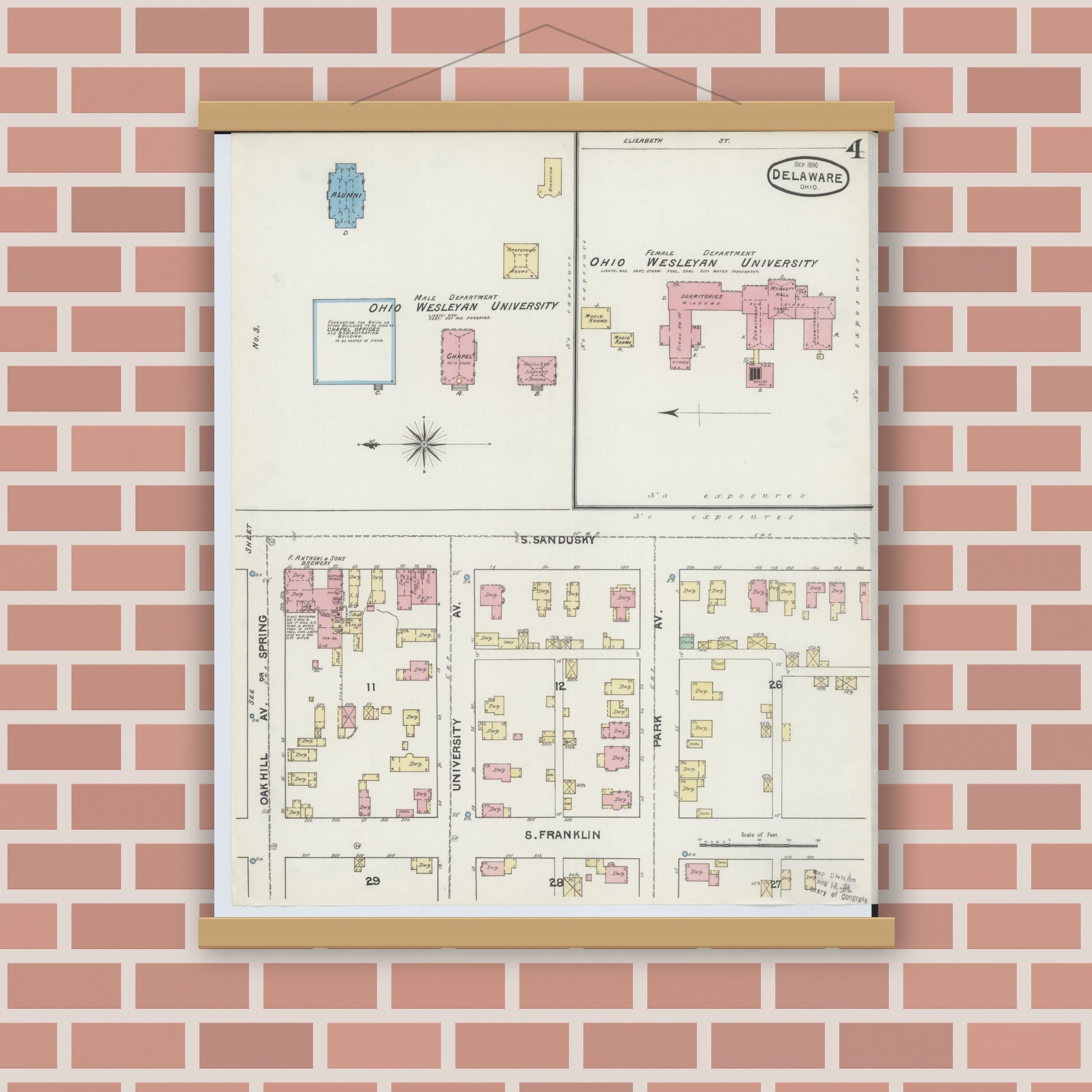 Old map wall art mockup — magnetic wood frame on brick wall — Sanborn Fire Insurance Map from Delaware, Delaware County, Ohio (1890), Sheet #0004