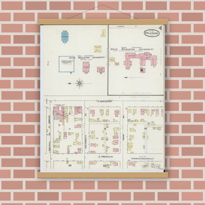 Old map wall art mockup — magnetic wood frame on brick wall — Sanborn Fire Insurance Map from Delaware, Delaware County, Ohio (1890), Sheet #0004