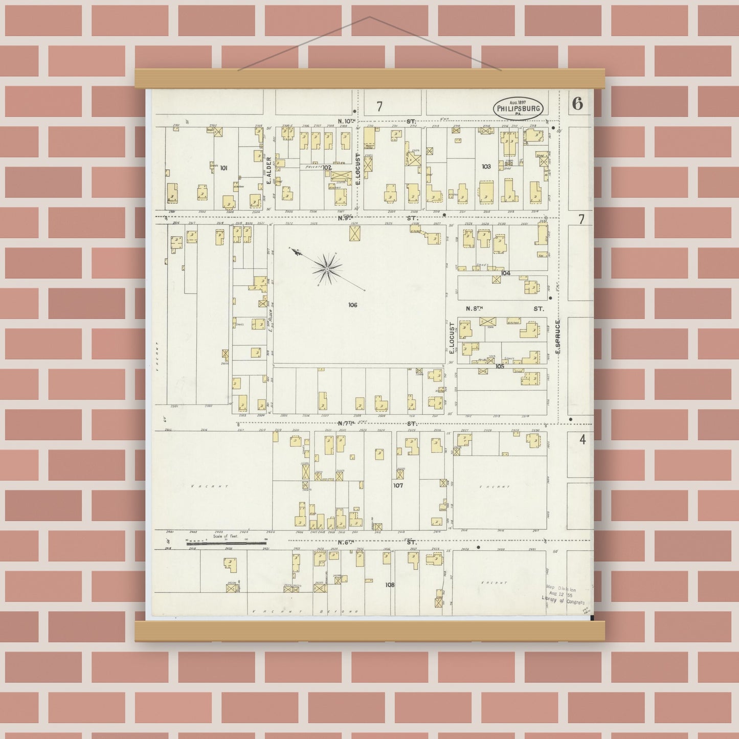 Old map wall art mockup — magnetic wood frame on brick wall — Sanborn Fire Insurance Map from Philipsburg, Centre County, Pennsylvania (1897), Sheet #0006