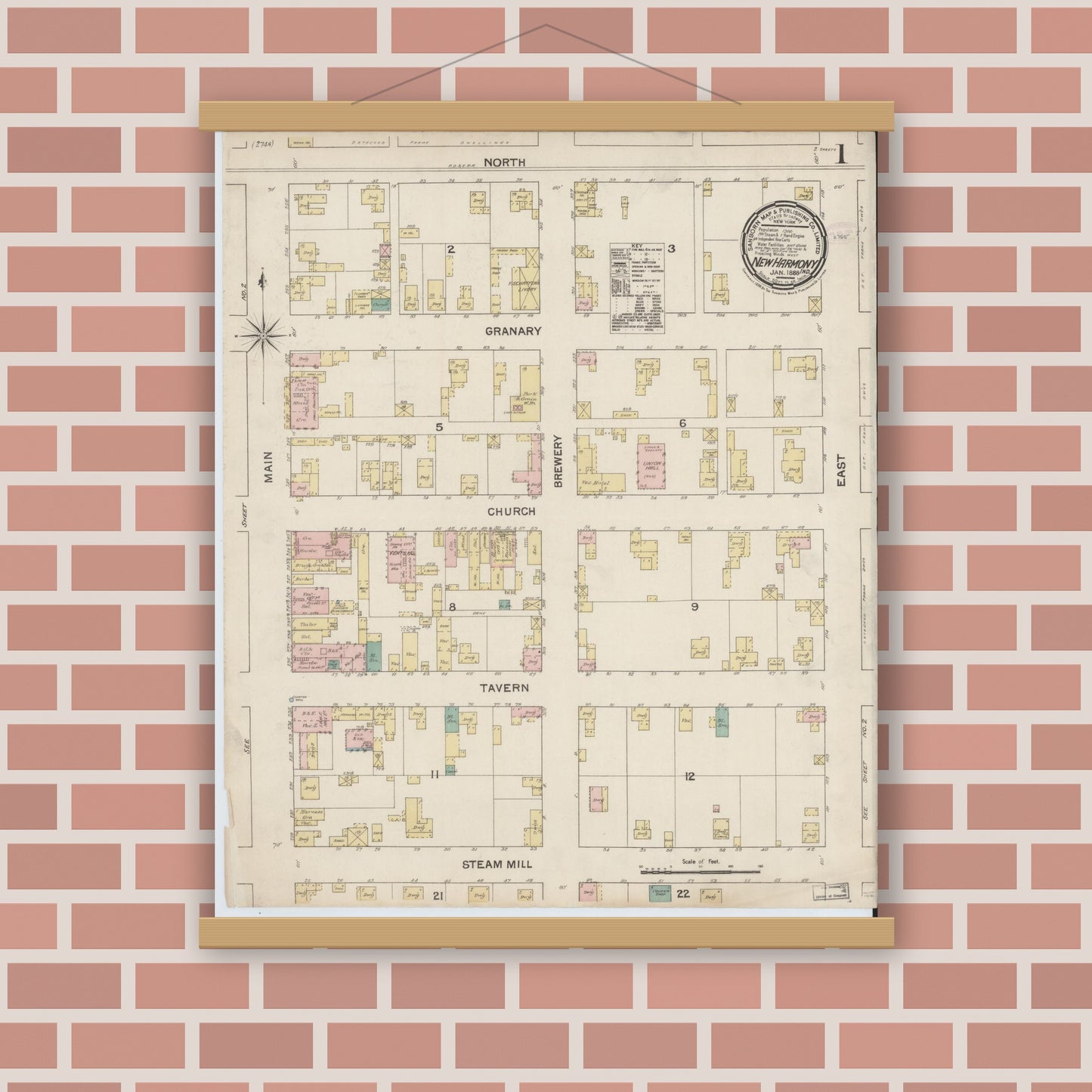 Old map wall art mockup — magnetic wood frame on brick wall — Sanborn Fire Insurance Map from New Harmony, Posey County, Indiana (1888), Sheet #0001