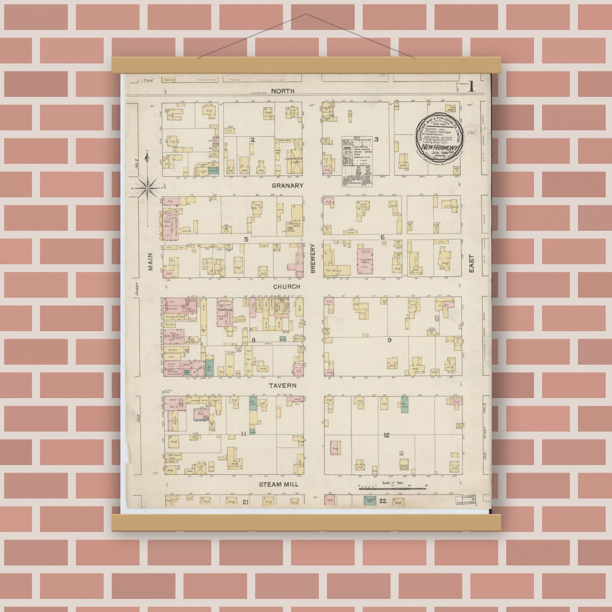 Old map wall art mockup — magnetic wood frame on brick wall — Sanborn Fire Insurance Map from New Harmony, Posey County, Indiana (1888), Sheet #0001