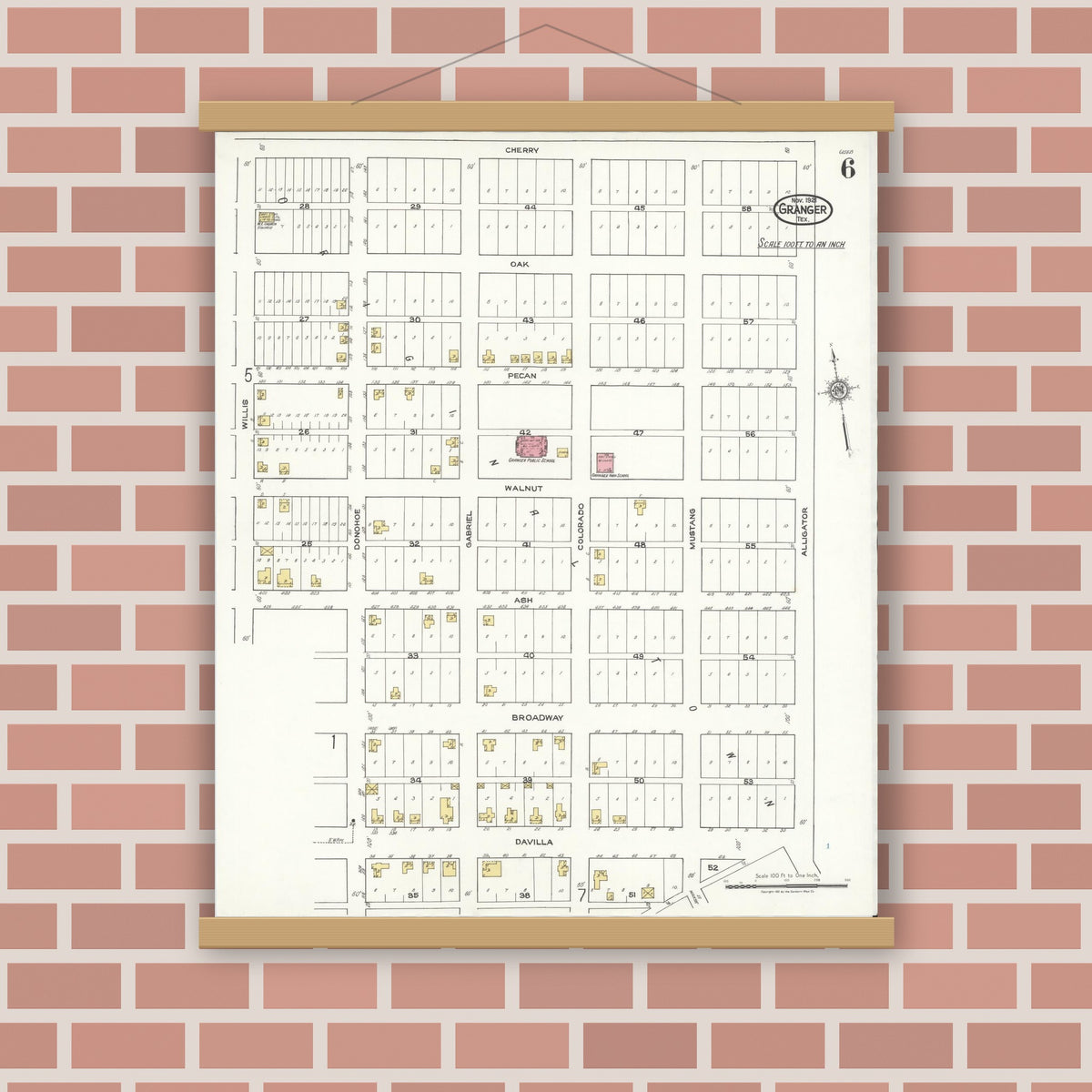 Old map wall art mockup — magnetic wood frame on brick wall — Sanborn Fire Insurance Map from Granger, Williamson County, Texas (1921), Sheet #0006