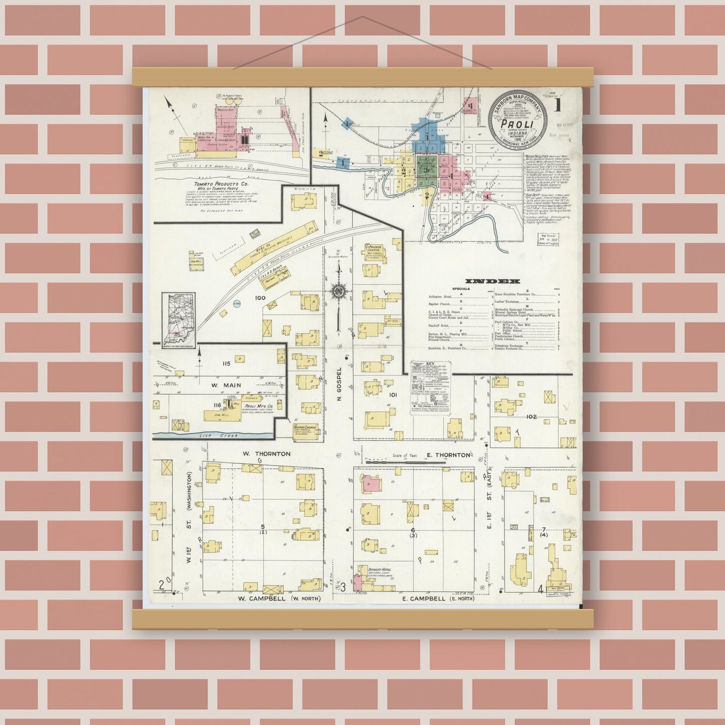 Old map wall art mockup — magnetic wood frame on brick wall — Sanborn Fire Insurance Map from Paoli, Orange County, Indiana (1916) - Complete Map Set
