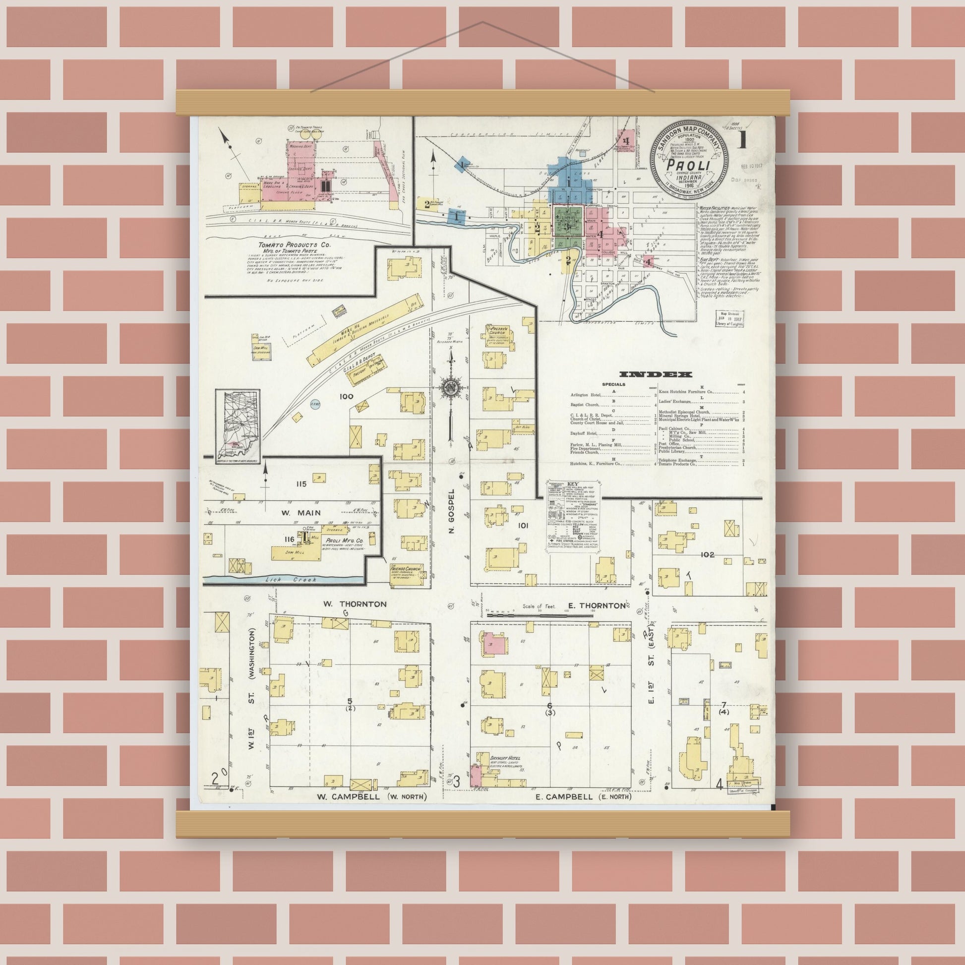 Old map wall art mockup — magnetic wood frame on brick wall — Sanborn Fire Insurance Map from Paoli, Orange County, Indiana (1916) - Complete Map Set