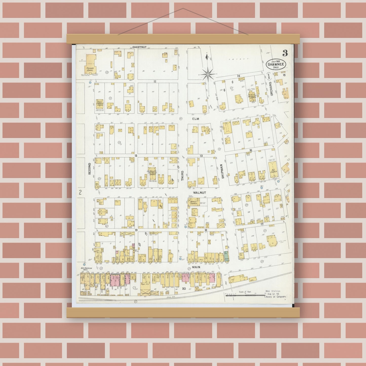 Old map wall art mockup — magnetic wood frame on brick wall — Sanborn Fire Insurance Map from Shawnee, Perry County, Ohio (1901), Sheet #0003