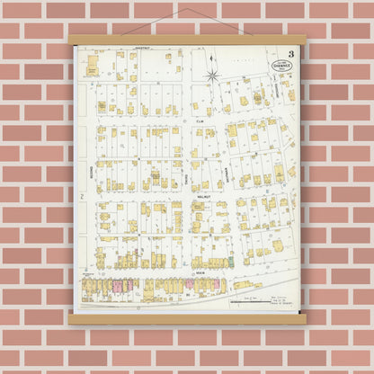 Old map wall art mockup — magnetic wood frame on brick wall — Sanborn Fire Insurance Map from Shawnee, Perry County, Ohio (1901), Sheet #0003