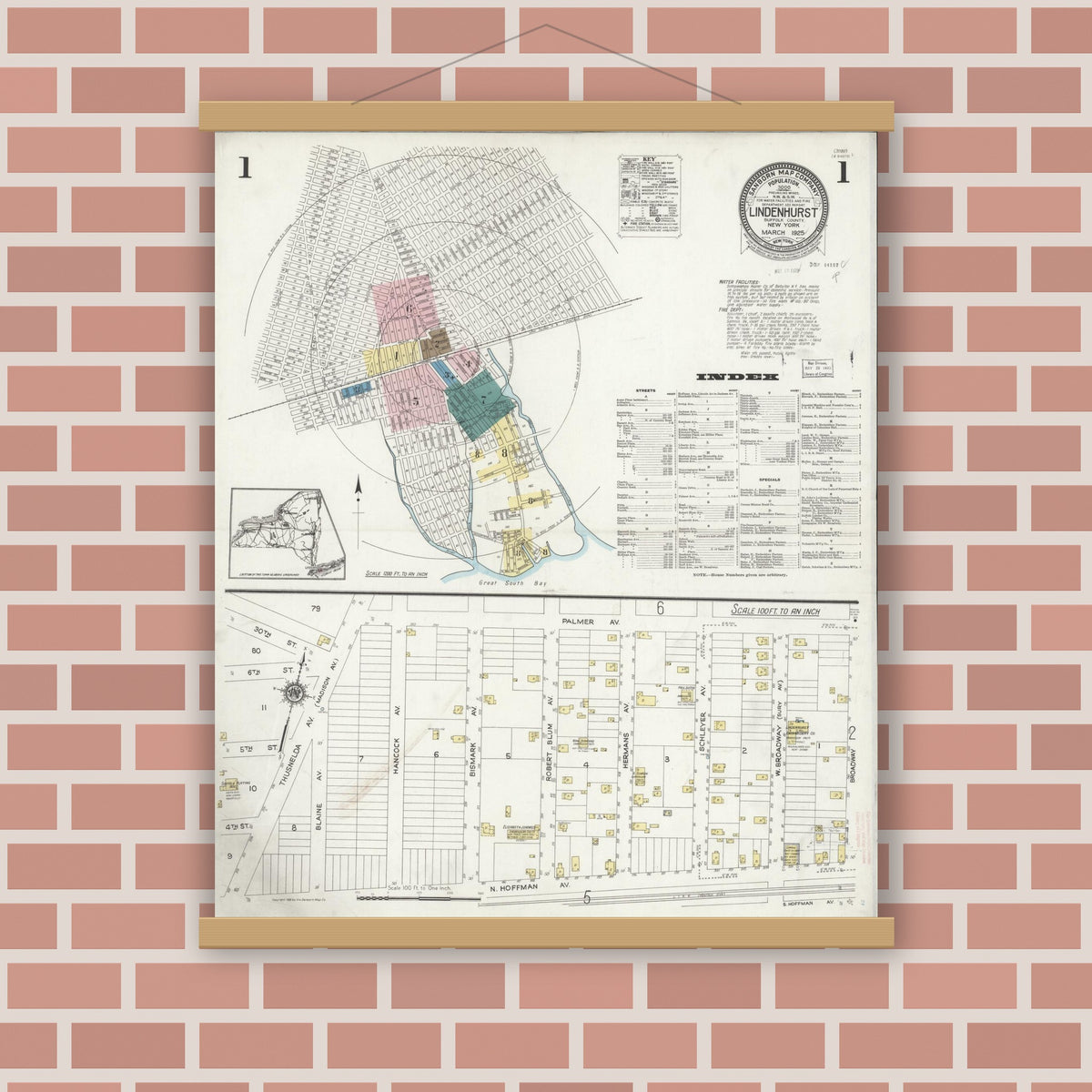 Old map wall art mockup — magnetic wood frame on brick wall — Sanborn Fire Insurance Map from Lindenhurst, Suffolk County, New York (1925) - Complete Map Set