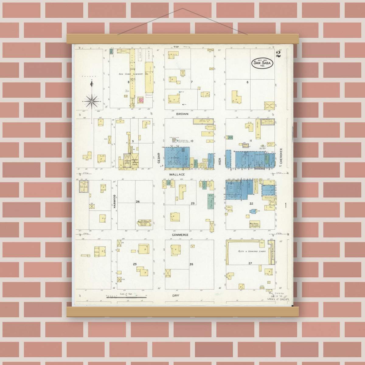 Old map wall art mockup — magnetic wood frame on brick wall — Sanborn Fire Insurance Map from San Saba, San Saba County, Texas (1907), Sheet #0002