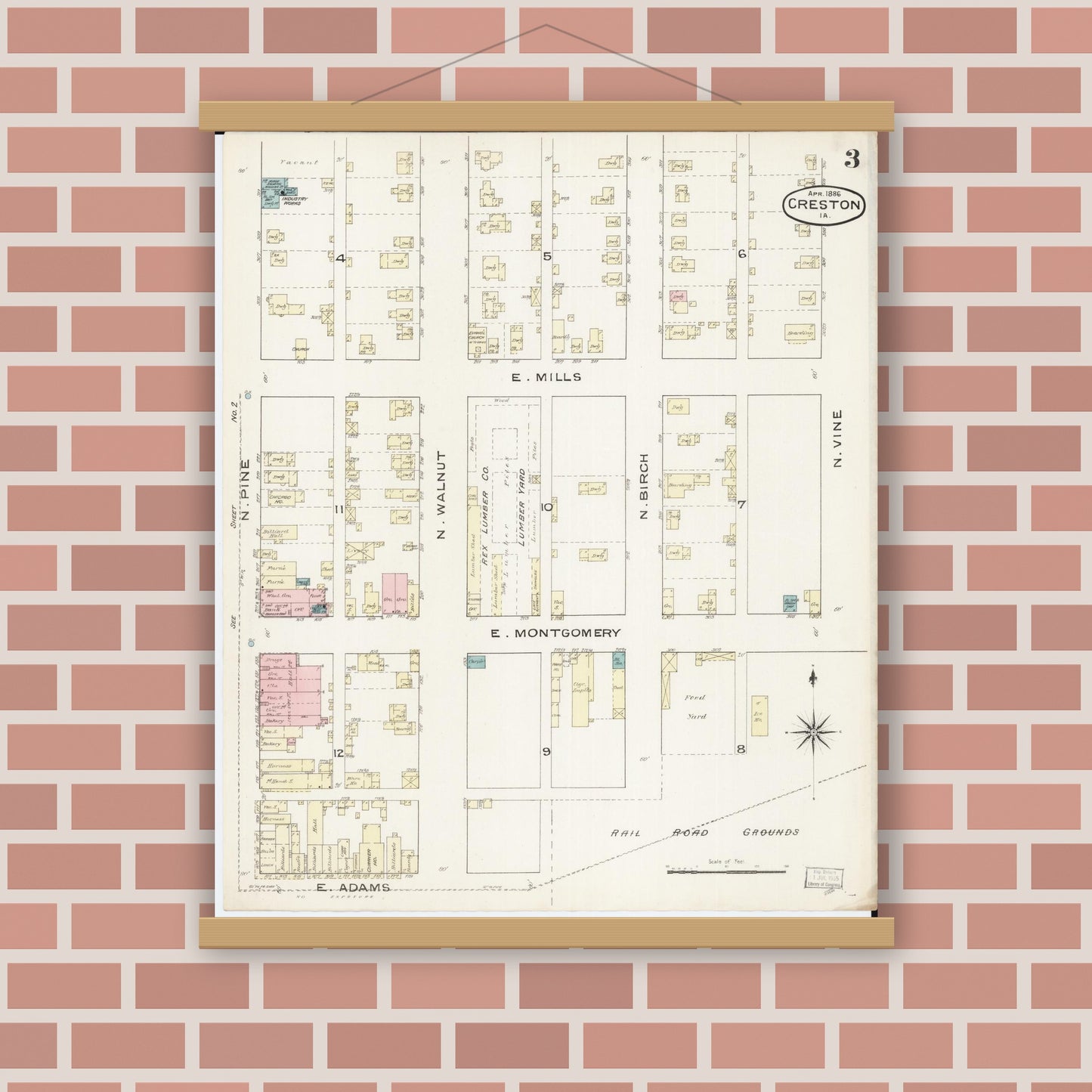 Old map wall art mockup — magnetic wood frame on brick wall — Sanborn Fire Insurance Map from Creston, Union County, Iowa (1886), Sheet #0003