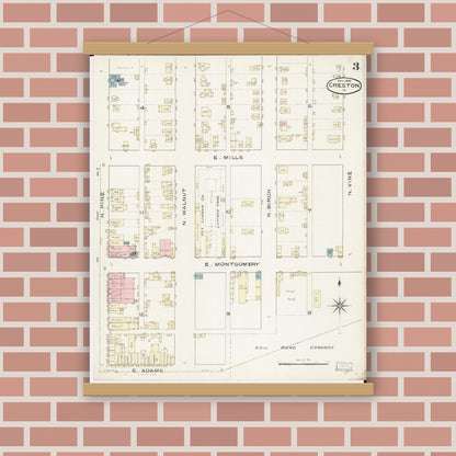 Old map wall art mockup — magnetic wood frame on brick wall — Sanborn Fire Insurance Map from Creston, Union County, Iowa (1886), Sheet #0003