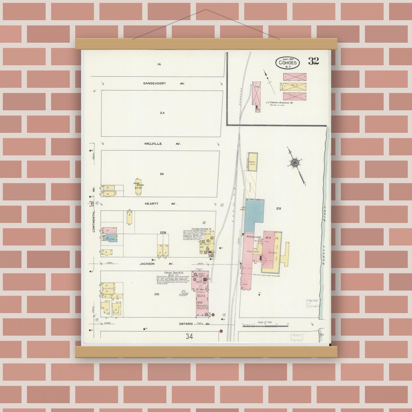 Old map wall art mockup — magnetic wood frame on brick wall — Sanborn Fire Insurance Map from Cohoes, Albany County, New York (1910), Sheet #0032