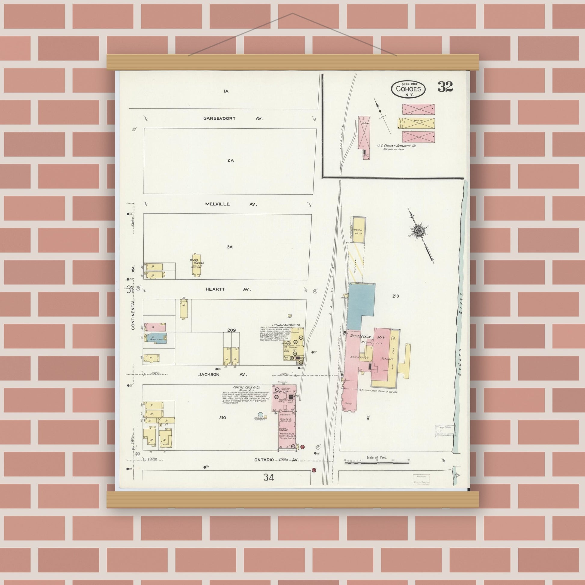 Old map wall art mockup — magnetic wood frame on brick wall — Sanborn Fire Insurance Map from Cohoes, Albany County, New York (1910), Sheet #0032