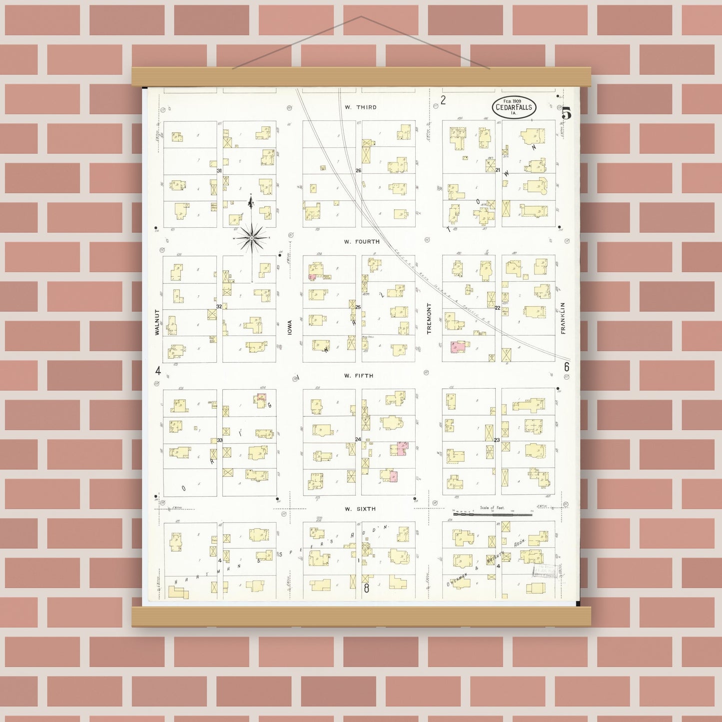 Old map wall art mockup — magnetic wood frame on brick wall — Sanborn Fire Insurance Map from Cedar Falls, Black Hawk County, Iowa (1909), Sheet #0005