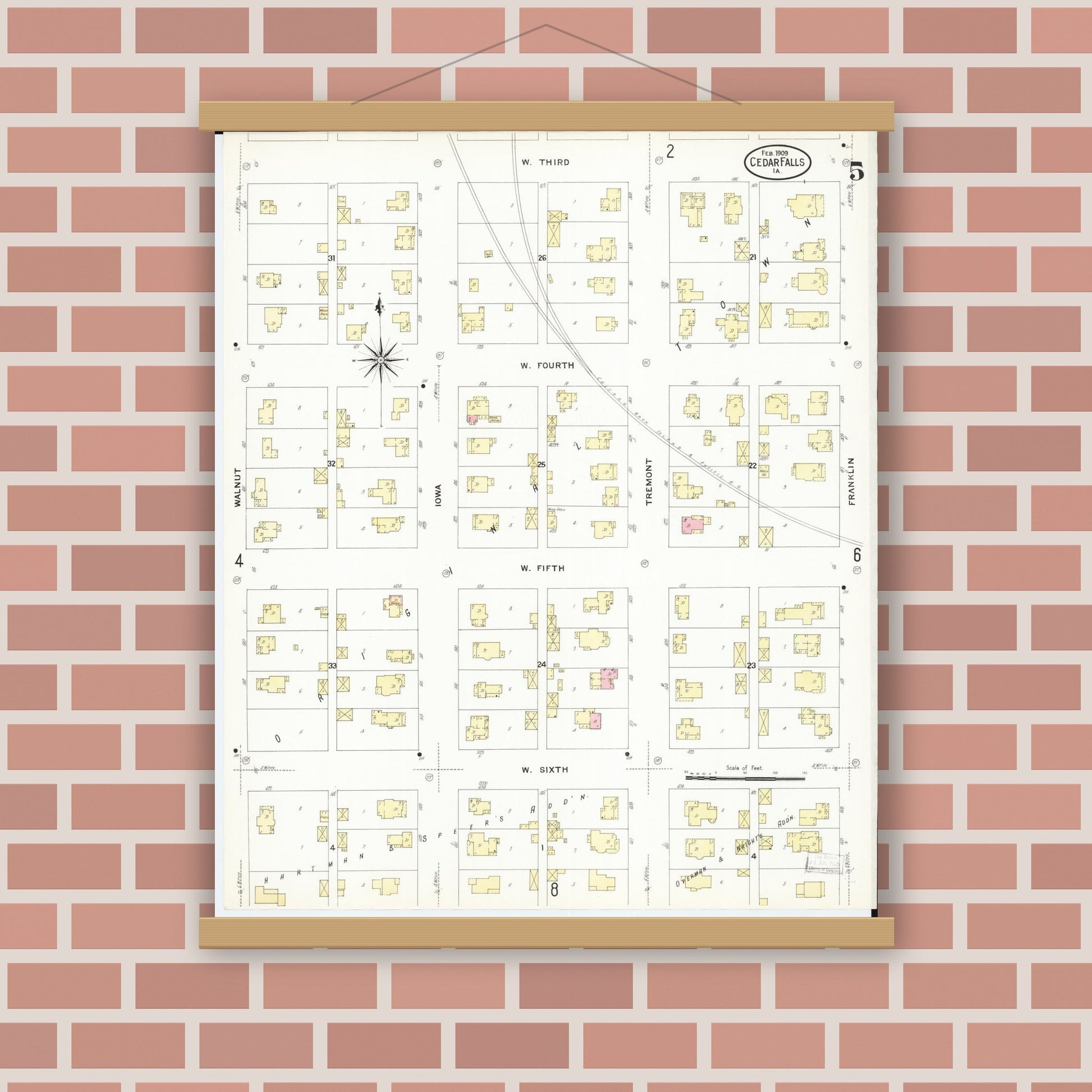 Old map wall art mockup — magnetic wood frame on brick wall — Sanborn Fire Insurance Map from Cedar Falls, Black Hawk County, Iowa (1909), Sheet #0005