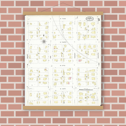 Old map wall art mockup — magnetic wood frame on brick wall — Sanborn Fire Insurance Map from Cedar Falls, Black Hawk County, Iowa (1909), Sheet #0005