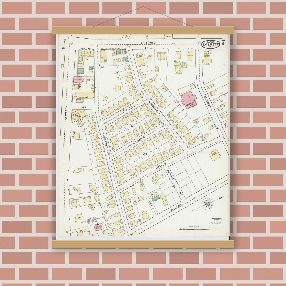 Old map wall art mockup — magnetic wood frame on brick wall — Sanborn Fire Insurance Map from Everett, Middlesex County, Massachusetts (1892), Sheet #0007