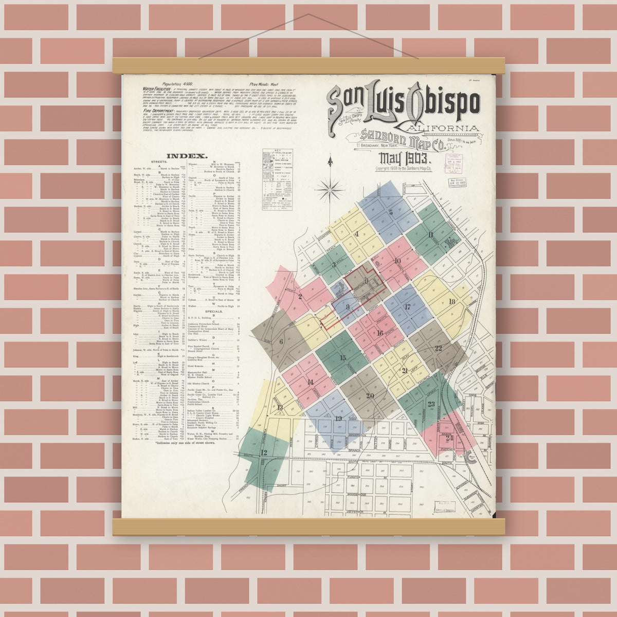 Old map wall art mockup — magnetic wood frame on brick wall — Sanborn Fire Insurance Map from San Luis Obispo, San Luis Obispo County, California (1903) - Complete Map Set