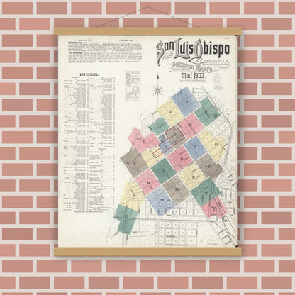 Old map wall art mockup — magnetic wood frame on brick wall — Sanborn Fire Insurance Map from San Luis Obispo, San Luis Obispo County, California (1903) - Complete Map Set