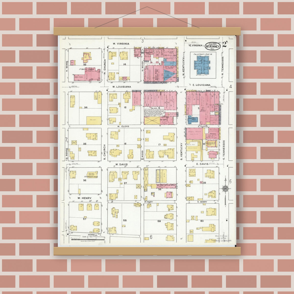 Old map wall art mockup — magnetic wood frame on brick wall — Sanborn Fire Insurance Map from McKinney, Collin County, Texas (1920), Sheet #0002