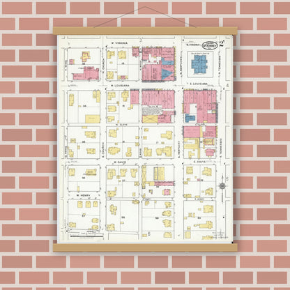 Old map wall art mockup — magnetic wood frame on brick wall — Sanborn Fire Insurance Map from McKinney, Collin County, Texas (1920), Sheet #0002