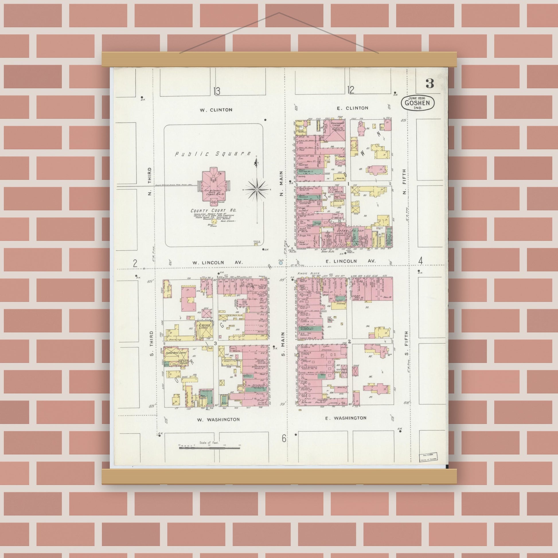 Old map wall art mockup — magnetic wood frame on brick wall — Sanborn Fire Insurance Map from Goshen, Elkhart County, Indiana (1896), Sheet #0003