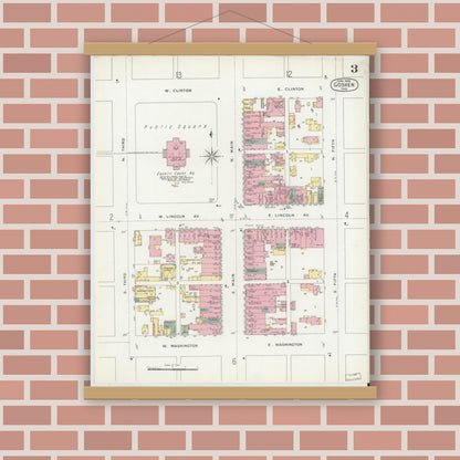 Old map wall art mockup — magnetic wood frame on brick wall — Sanborn Fire Insurance Map from Goshen, Elkhart County, Indiana (1896), Sheet #0003