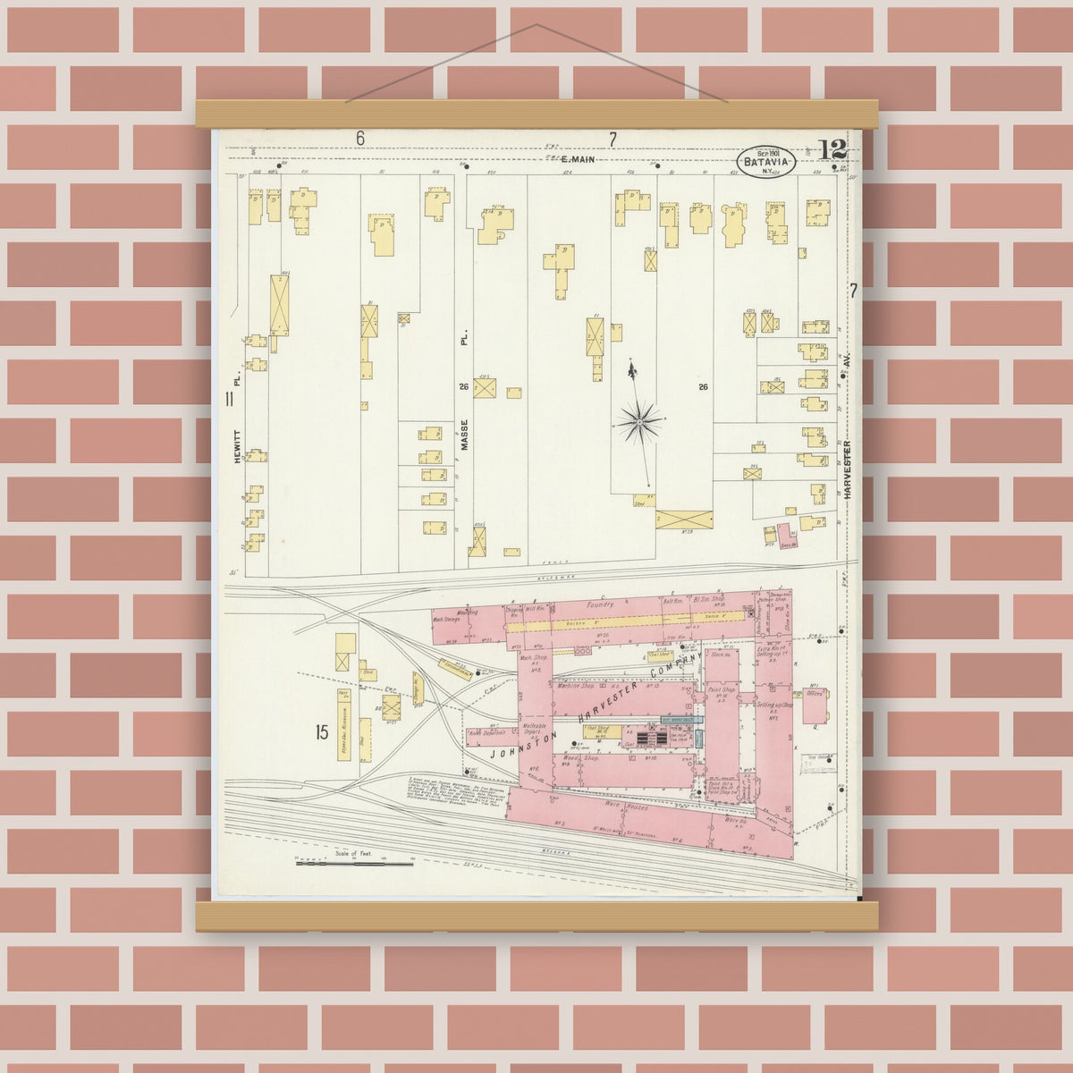 Old map wall art mockup — magnetic wood frame on brick wall — Sanborn Fire Insurance Map from Batavia, Genesee County, New York (1901), Sheet #0012