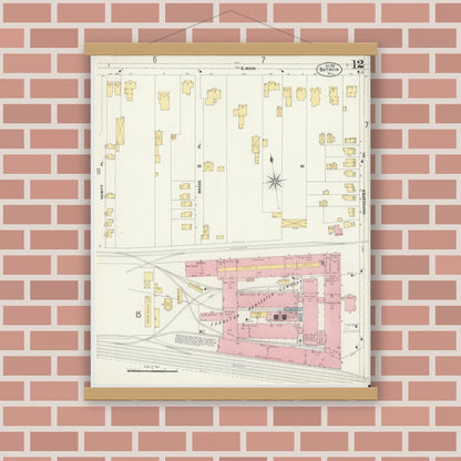 Old map wall art mockup — magnetic wood frame on brick wall — Sanborn Fire Insurance Map from Batavia, Genesee County, New York (1901), Sheet #0012