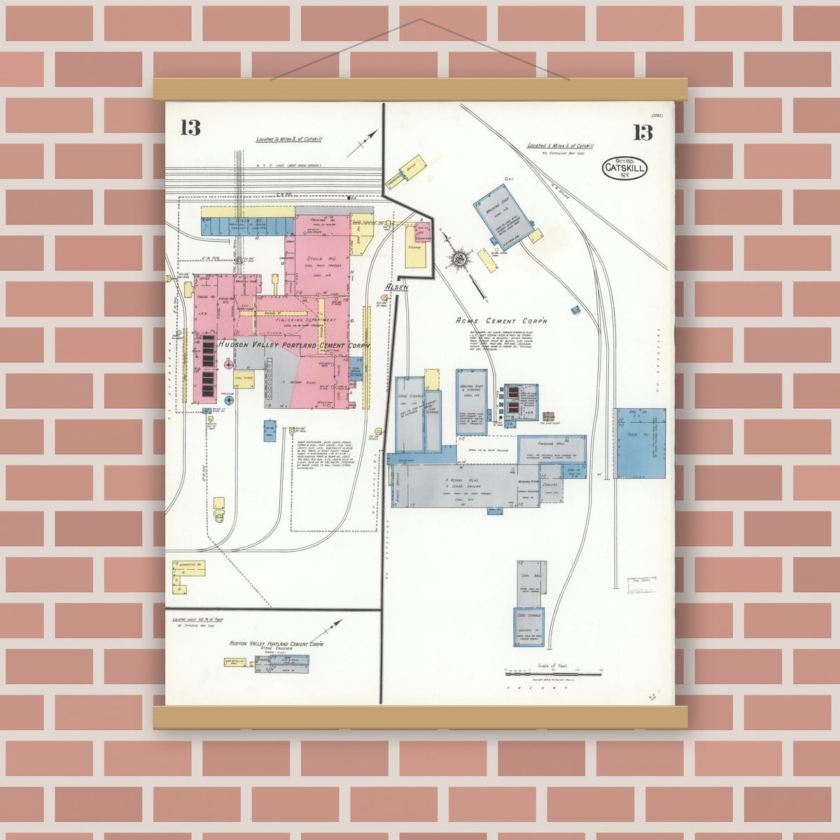 Old map wall art mockup — magnetic wood frame on brick wall — Sanborn Fire Insurance Map from Catskill, Greene County, New York (1923), Sheet #0013