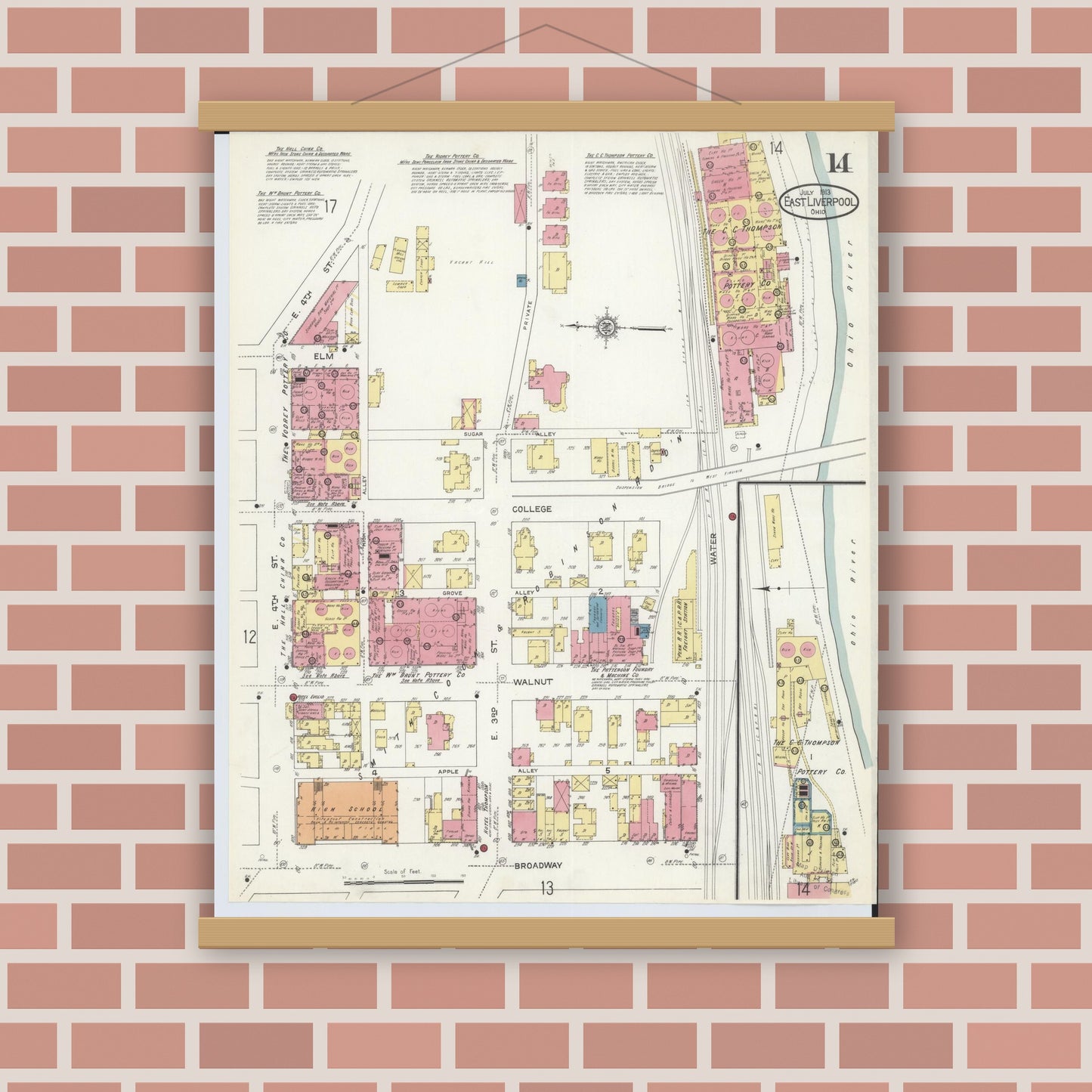 Old map wall art mockup — magnetic wood frame on brick wall — Sanborn Fire Insurance Map from East Liverpool, Columbiana County, Ohio (1913), Sheet #0014