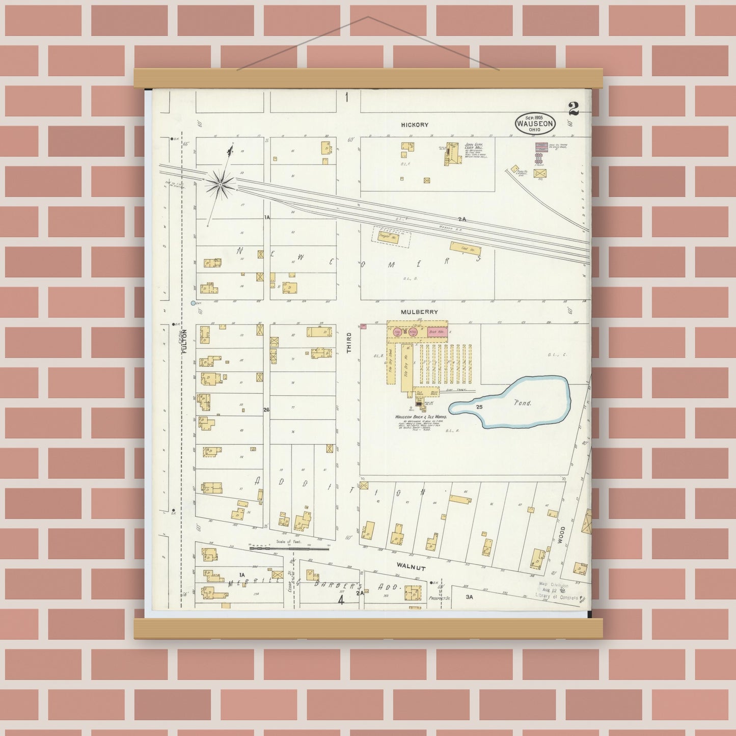 Old map wall art mockup — magnetic wood frame on brick wall — Sanborn Fire Insurance Map from Wauseon, Fulton County, Ohio (1905), Sheet #0002