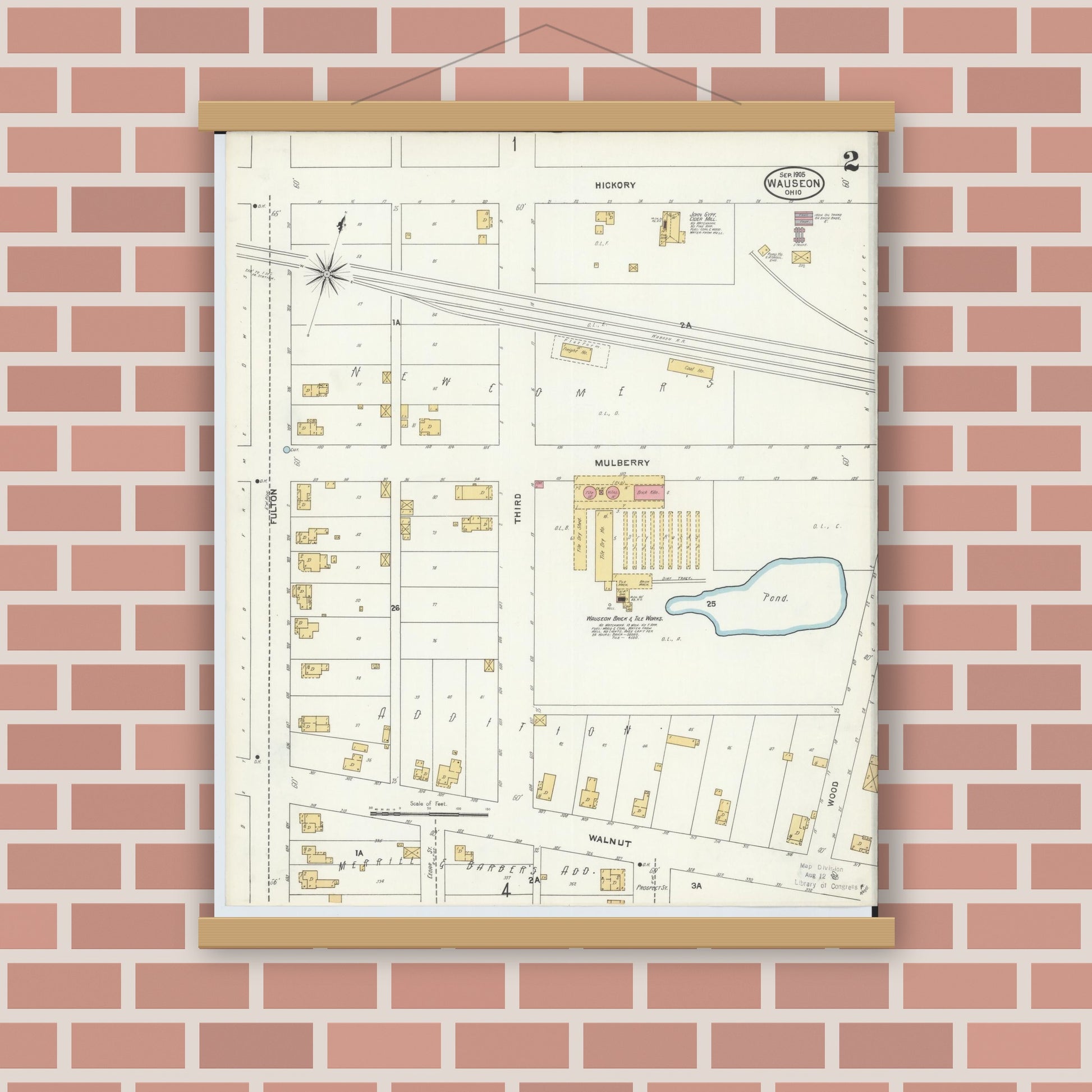 Old map wall art mockup — magnetic wood frame on brick wall — Sanborn Fire Insurance Map from Wauseon, Fulton County, Ohio (1905), Sheet #0002