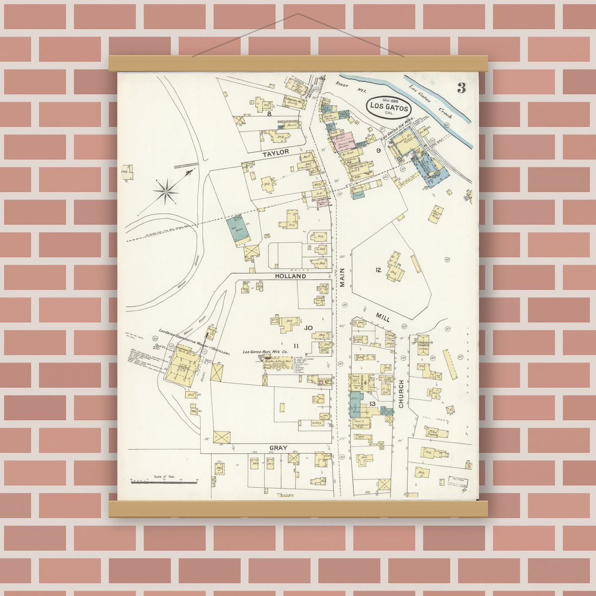 Old map wall art mockup — magnetic wood frame on brick wall — Sanborn Fire Insurance Map from Los Gatos, Santa Clara County, California (1888), Sheet #0003