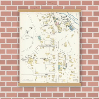 Old map wall art mockup — magnetic wood frame on brick wall — Sanborn Fire Insurance Map from Los Gatos, Santa Clara County, California (1888), Sheet #0003
