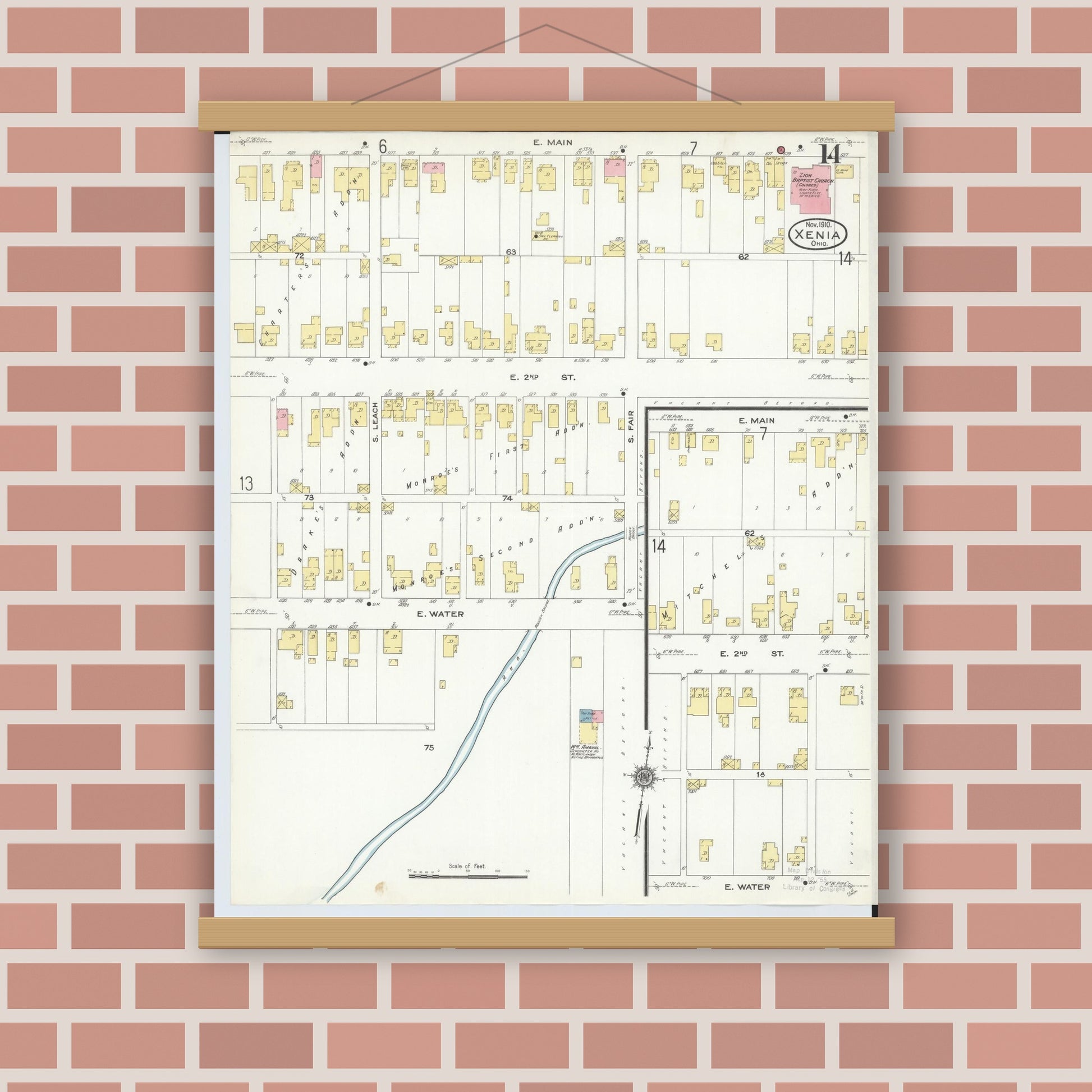 Old map wall art mockup — magnetic wood frame on brick wall — Sanborn Fire Insurance Map from Xenia, Greene County, Ohio (1910), Sheet #0014