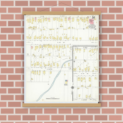 Old map wall art mockup — magnetic wood frame on brick wall — Sanborn Fire Insurance Map from Xenia, Greene County, Ohio (1910), Sheet #0014