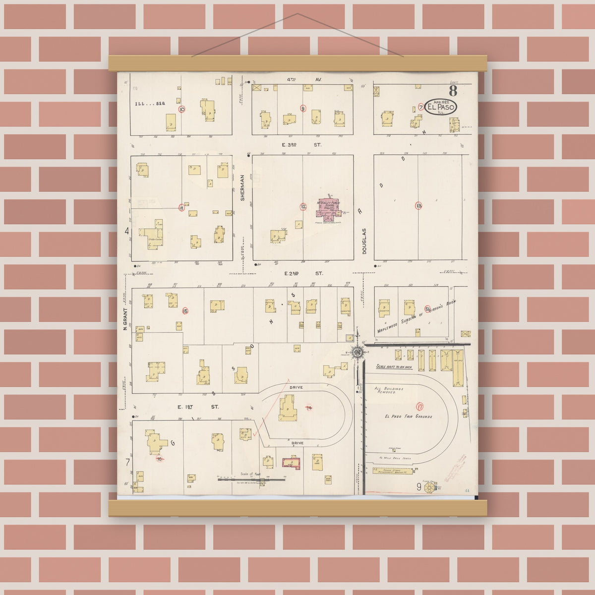 Old map wall art mockup — magnetic wood frame on brick wall — Sanborn Fire Insurance Map from El Paso, Woodford County, Illinois (1941), Sheet #0008