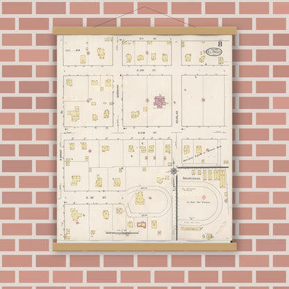 Old map wall art mockup — magnetic wood frame on brick wall — Sanborn Fire Insurance Map from El Paso, Woodford County, Illinois (1941), Sheet #0008