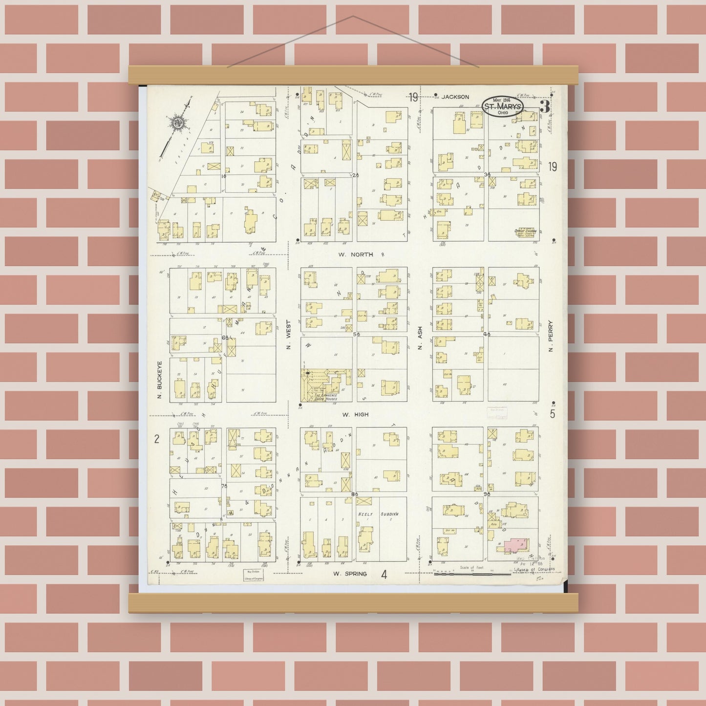 Old map wall art mockup — magnetic wood frame on brick wall — Sanborn Fire Insurance Map from Saint Marys, Auglaize County, Ohio (1914), Sheet #0003
