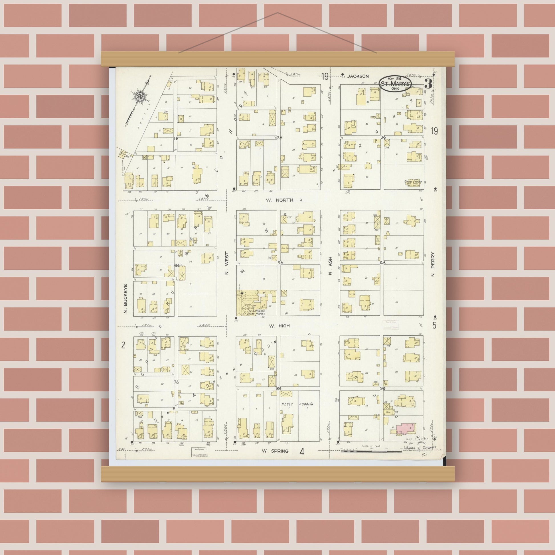 Old map wall art mockup — magnetic wood frame on brick wall — Sanborn Fire Insurance Map from Saint Marys, Auglaize County, Ohio (1914), Sheet #0003
