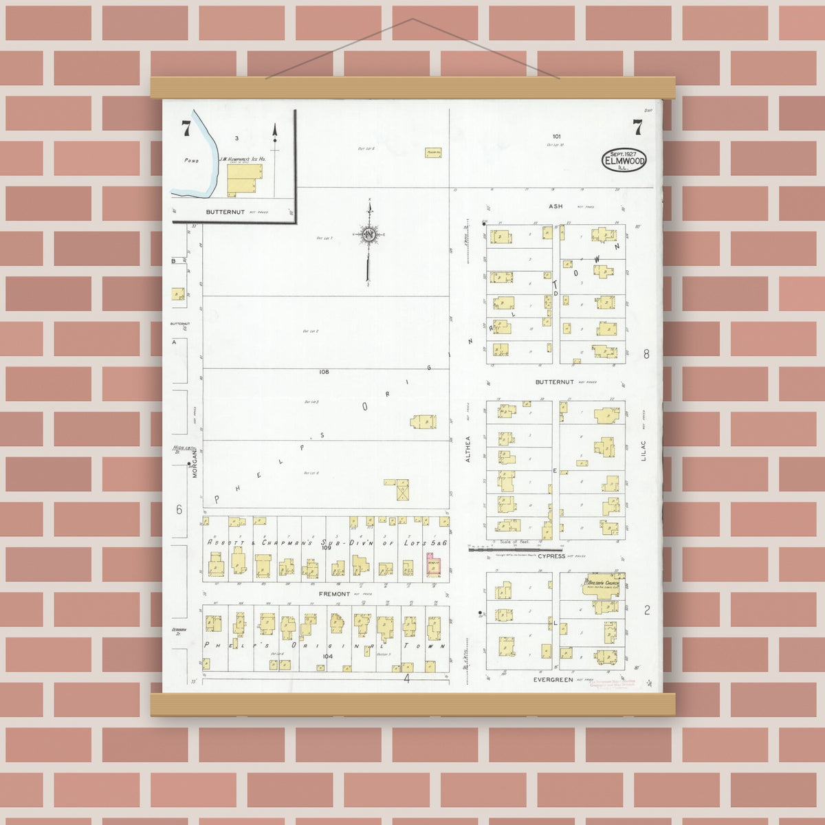 Old map wall art mockup — magnetic wood frame on brick wall — Sanborn Fire Insurance Map from Elmwood, Peoria County, Illinois (1927), Sheet #0007