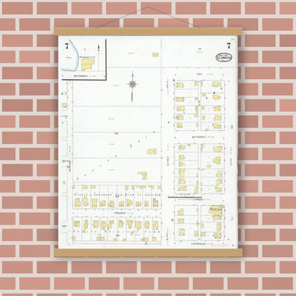 Old map wall art mockup — magnetic wood frame on brick wall — Sanborn Fire Insurance Map from Elmwood, Peoria County, Illinois (1927), Sheet #0007