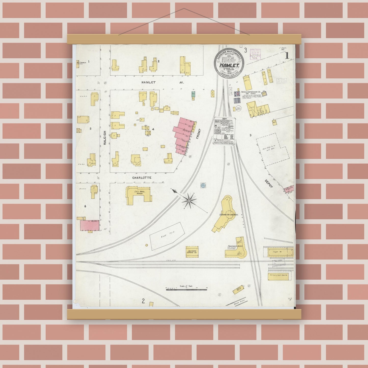 Old map wall art mockup — magnetic wood frame on brick wall — Sanborn Fire Insurance Map from Hamlet, Richmond County, North Carolina (1905), Sheet #0001
