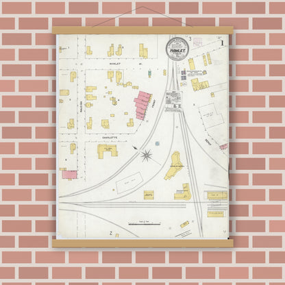 Old map wall art mockup — magnetic wood frame on brick wall — Sanborn Fire Insurance Map from Hamlet, Richmond County, North Carolina (1905), Sheet #0001