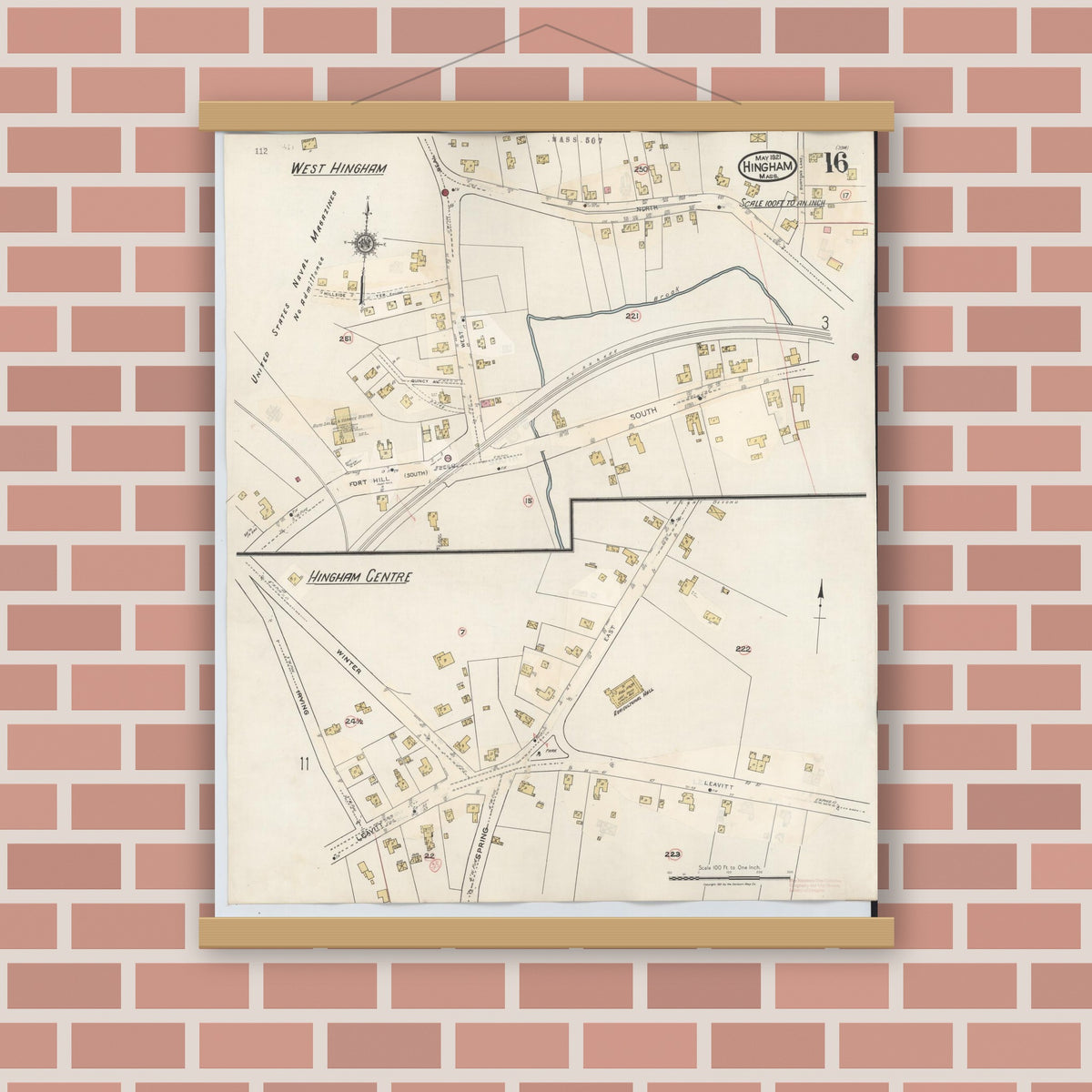 Old map wall art mockup — magnetic wood frame on brick wall — Sanborn Fire Insurance Map from Hingham, Plymouth County, Massachusetts (1948), Sheet #0016