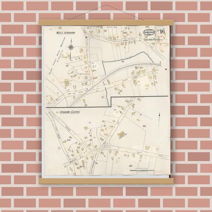 Old map wall art mockup — magnetic wood frame on brick wall — Sanborn Fire Insurance Map from Hingham, Plymouth County, Massachusetts (1948), Sheet #0016