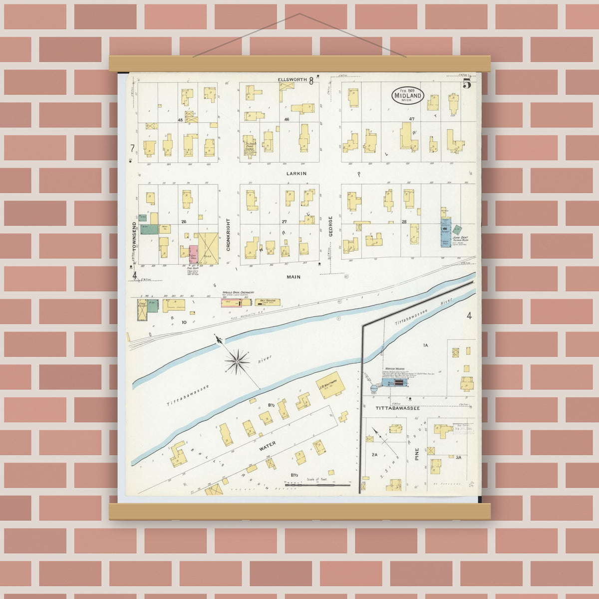 Old map wall art mockup — magnetic wood frame on brick wall — Sanborn Fire Insurance Map from Midland, Midland County, Michigan (1909), Sheet #0005