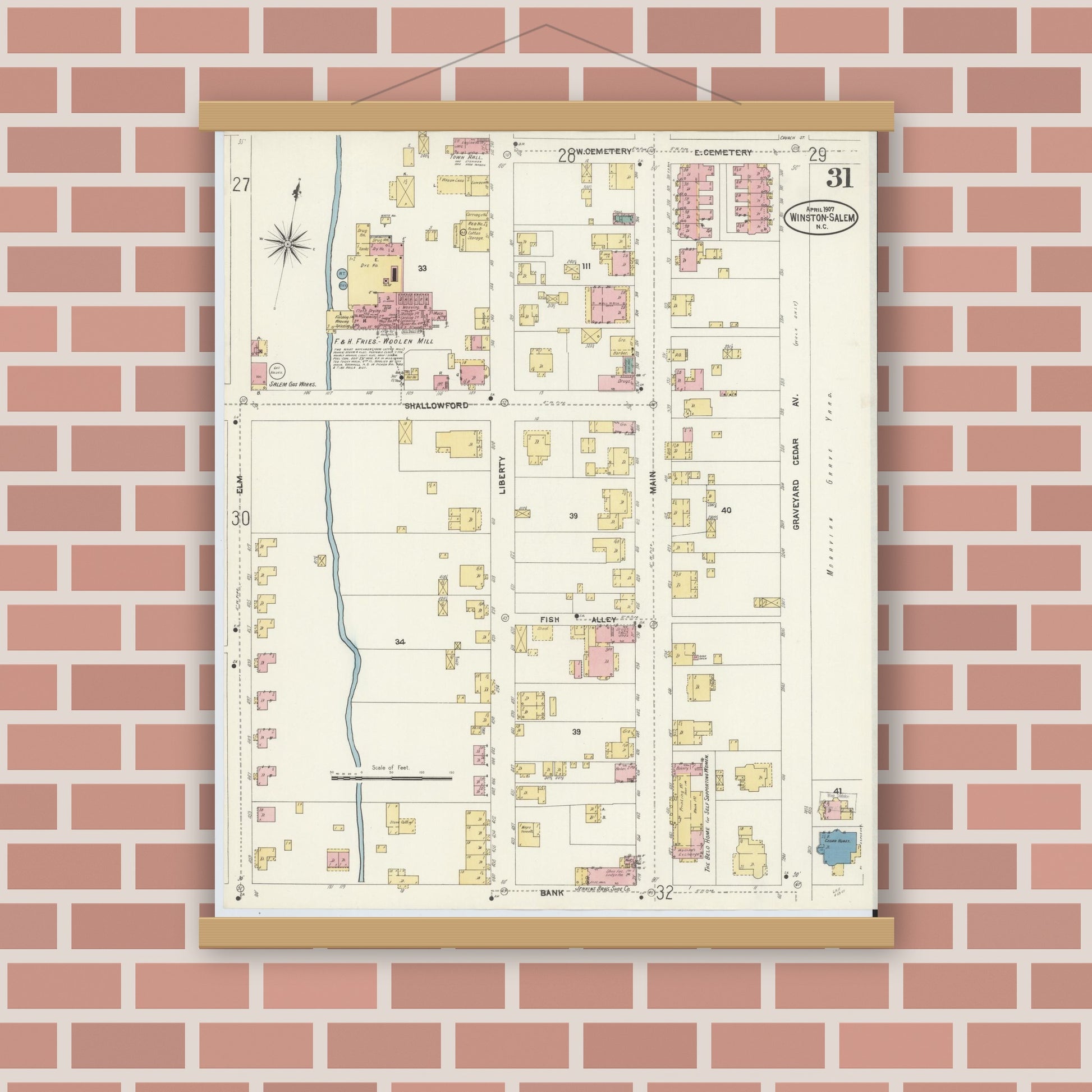 Old map wall art mockup — magnetic wood frame on brick wall — Sanborn Fire Insurance Map from Winston-Salem, Forsyth County, North Carolina (1907), Sheet #0031